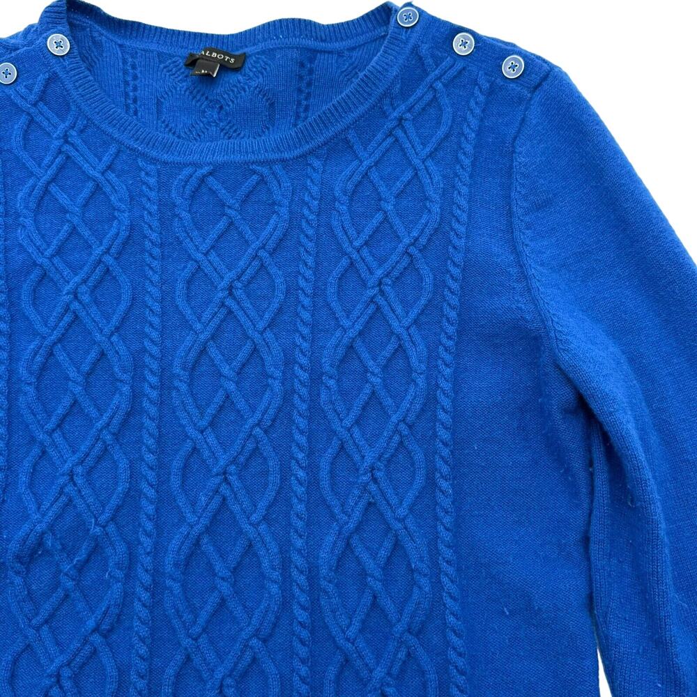 TALBOTS Women's Medium Royal‎ Blue Lambswool Fisherman Cable Knit Tunic Sweater